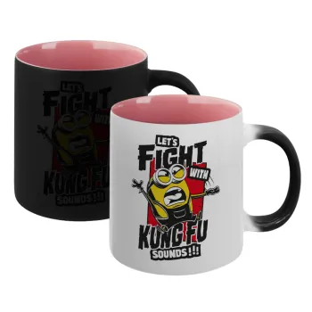 Minions Let's fight with kung fu sounds, Κούπα Μαγική εσωτερικό ΡΟΖ, κεραμική 330ml που αλλάζει χρώμα με το ζεστό ρόφημα