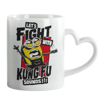 Minions Let's fight with kung fu sounds, Κούπα καρδιά χερούλι λευκή, κεραμική, 330ml