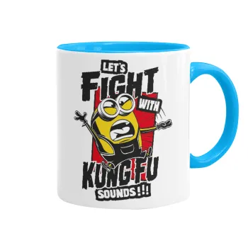 Minions Let's fight with kung fu sounds, Κούπα χρωματιστή γαλάζια, κεραμική, 330ml