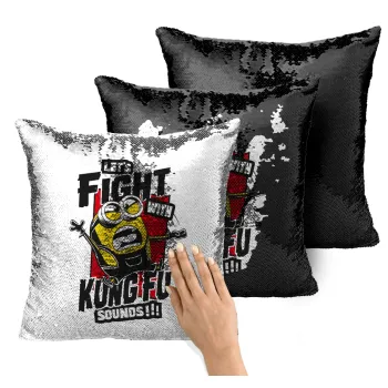 Minions Let's fight with kung fu sounds, Μαξιλάρι καναπέ Μαγικό Μαύρο με πούλιες 40x40cm περιέχεται το γέμισμα