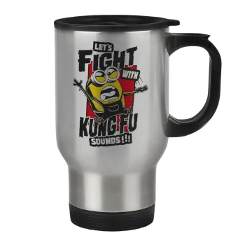 Minions Let's fight with kung fu sounds, Stainless steel travel mug with lid, double wall 450ml