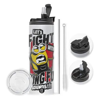 Minions Let's fight with kung fu sounds, Travel Tumbler θερμό με διπλό καπάκι, μεταλλικό καλαμάκι και βούρτσα καθαρισμού (Ανωξείδωτο 304 Food grade, BPA free, 600ml)