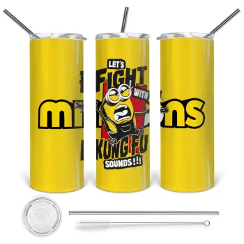 Minions Let's fight with kung fu sounds, Tumbler ποτήρι θερμό από ανοξείδωτο ατσάλι 600ml, με μεταλλικό καλαμάκι & βούρτσα καθαρισμού