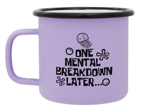 one mental breakdown later bob spongebob — Metal enamel mug, matte light pastel purple, 360ml