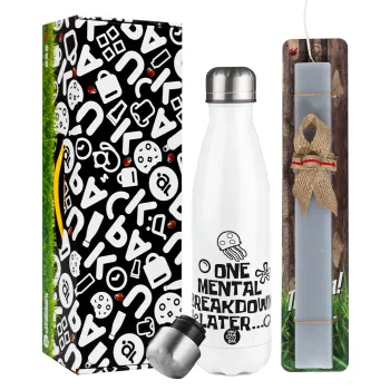 one mental breakdown later bob spongebob, Πασχαλινή Λαμπάδα με μεταλλικό παγούρι θερμός λευκός (500ml) & λαμπάδα αρωματική πλακέ (30cm) (ΓΚΡΙ)