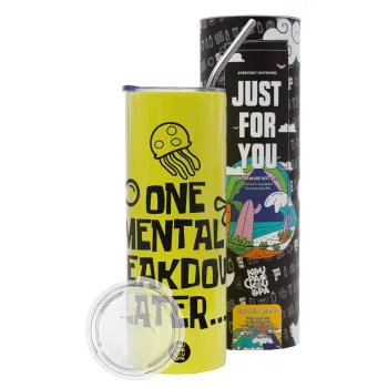 one mental breakdown later bob spongebob, Neon Yellow Travel Tumbler θερμό, μεταλλικό καλαμάκι(Ανωξείδωτο 304 Food grade, BPA free, 600ml)