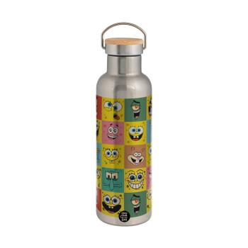 BOB spongebob and friends, Stainless steel Silver with wooden lid (bamboo), double wall, 750ml