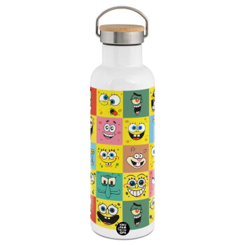 BOB spongebob and friends, Stainless steel White with wooden lid (bamboo), double wall, 750ml