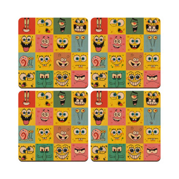 BOB spongebob and friends, ΣΕΤ x4 Σουβέρ ξύλινα τετράγωνα plywood (9cm)