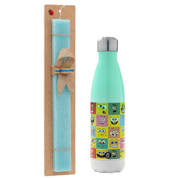 BOB spongebob and friends, Easter Set, Metallic green/white thermos (Stainless steel), double-walled, 500ml & scented flat Easter candle (30cm) (TURQUOISE)