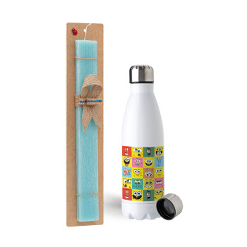 BOB spongebob and friends, Easter Set, metallic stainless steel water bottle (750ml) & aromatic flat Easter candle (30cm) (TURQUOISE)