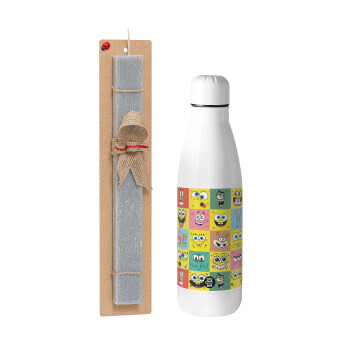 BOB spongebob and friends, Easter Set, metallic stainless thermos bottle (500ml) & scented flat Easter candle (30cm) (GRAY)