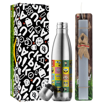 BOB spongebob and friends, Easter Set, metallic stainless thermos flask (500ml) & scented flat Easter candle (30cm) (GRAY)