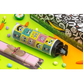 BOB spongebob and friends, Easter candle,Travel Tumbler 2 Lids, with metal straw & cleaning brush & aromatic flat candle (30cm) (PINK)
