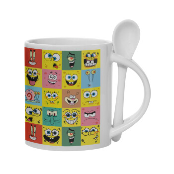BOB spongebob and friends, Ceramic coffee mug with Spoon, 330ml (1pcs)