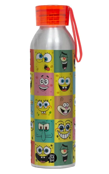 BOB spongebob and friends — Aluminum Sports Bottle 650ml – Silver with Red Cap and Silicone Strap