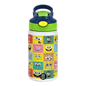 BOB spongebob and friends, Children's hot water bottle, stainless steel, with safety straw, green, blue (350ml)