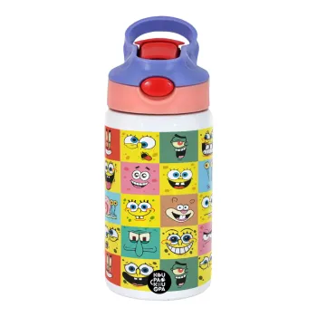 BOB spongebob and friends, Children's hot water bottle, stainless steel, with safety straw, pink/purple (350ml)