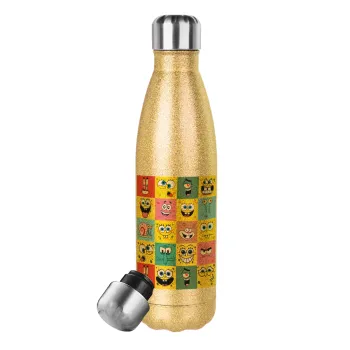 BOB spongebob and friends, Glitter gold stainless steel thermos bottle, double-walled, 500ml