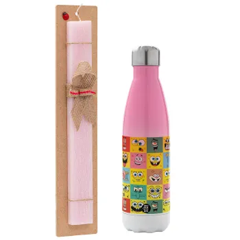 BOB spongebob and friends, Easter Set, Metallic pink/white (Stainless steel) thermos, double-walled, 500ml & aromatic flat Easter candle (30cm) (PINK)