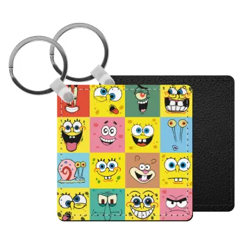 BOB spongebob and friends, Μπρελόκ Δερματίνη, τετράγωνο ΜΑΥΡΟ (5x5cm)