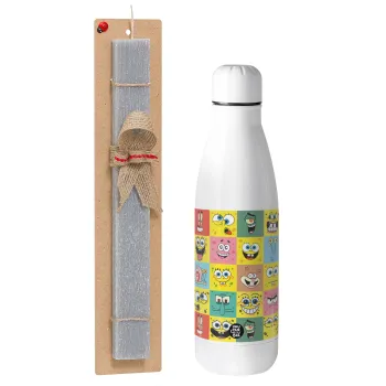 Ο μπομπ και οι φίλοι του, Πασχαλινή Λαμπάδα με μεταλλικό παγούρι θερμός ανοξείδωτο (500ml) & κερί αρωματικό πλακέ (30cm) (ΓΚΡΙ)