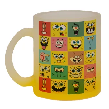 BOB spongebob and friends, Κούπα γυάλινη δίχρωμη με βάση το κίτρινο ματ, 330ml