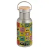 Stainless steel metallic thermos flask, silver with a bamboo lid, double-walled, 350ml.