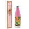 Easter Set, Metallic pink/white (Stainless steel) thermos, double-walled, 500ml & aromatic flat Easter candle (30cm) (PINK)