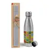 Easter Set, metallic Inox water bottle (750ml) & aromatic flat Easter candle (30cm) (GRAY)