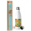Easter Set, metallic stainless steel water bottle (750ml) & aromatic flat Easter candle (30cm) (TURQUOISE)
