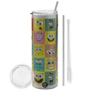 BOB spongebob and friends, Tumbler stainless steel Silver 600ml, with metal straw & cleaning brush