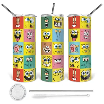 Ο μπομπ και οι φίλοι του, Tumbler ποτήρι θερμό από ανοξείδωτο ατσάλι 600ml, με μεταλλικό καλαμάκι & βούρτσα καθαρισμού