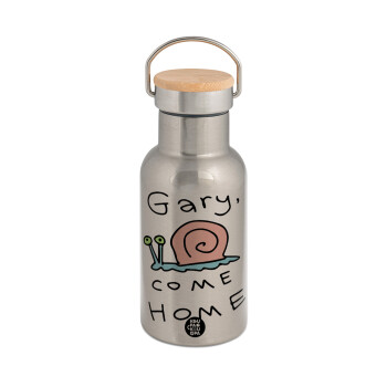 Gary come home, Μεταλλικό παγούρι θερμός (Stainless steel) Ασημένιο με ξύλινο καπακι (bamboo), διπλού τοιχώματος, 350ml