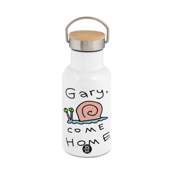 Gary come home, Μεταλλικό παγούρι θερμός (Stainless steel) Λευκό με ξύλινο καπακι (bamboo), διπλού τοιχώματος, 350ml