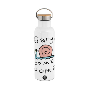 Gary come home, Μεταλλικό παγούρι θερμός (Stainless steel) Λευκό με ξύλινο καπάκι (bamboo), διπλού τοιχώματος, 750ml