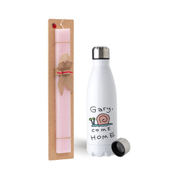 Gary come home, Easter Set, metallic stainless steel water bottle (750ml) & scented flat Easter candle (30cm) (PINK)