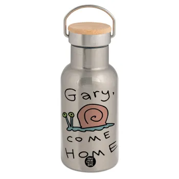 Gary come home, Μεταλλικό παγούρι θερμός (Stainless steel) Ασημένιο με ξύλινο καπακι (bamboo), διπλού τοιχώματος, 350ml