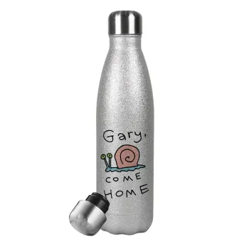 Gary come home, Μεταλλικό παγούρι θερμός Glitter Aσημένιο (Stainless steel), διπλού τοιχώματος, 500ml