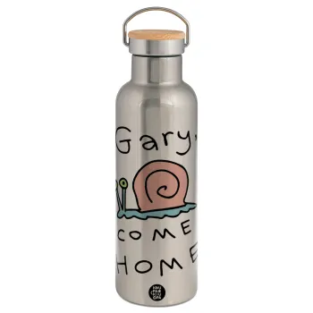 Gary come home, Μεταλλικό παγούρι θερμός (Stainless steel) Ασημένιο με ξύλινο καπακι (bamboo), διπλού τοιχώματος, 750ml
