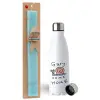 Easter Set, metallic stainless steel water bottle (750ml) & aromatic flat Easter candle (30cm) (TURQUOISE)