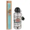 Easter Set, metallic silver aluminum water bottle (500ml) & scented flat Easter candle (30cm) (TURQUOISE)