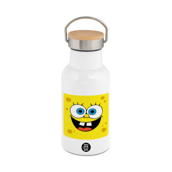 Μπομπ, Μεταλλικό παγούρι θερμός (Stainless steel) Λευκό με ξύλινο καπακι (bamboo), διπλού τοιχώματος, 350ml