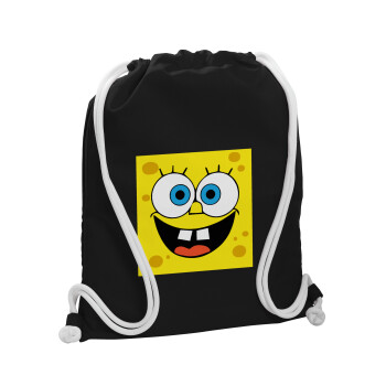 Μπομπ, Τσάντα πλάτης πουγκί GYMBAG Μαύρη, με τσέπη (40x48cm) & χονδρά λευκά κορδόνια