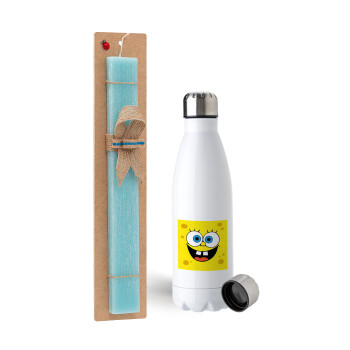 BOB, Easter Set, metallic stainless steel water bottle (750ml) & aromatic flat Easter candle (30cm) (TURQUOISE)