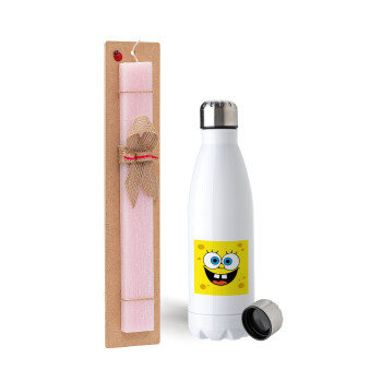 BOB, Easter Set, metallic stainless steel water bottle (750ml) & scented flat Easter candle (30cm) (PINK)
