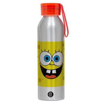 Μπομπ, Αλουμινένιο Αθλητικό Μπουκάλι 650ml – Ασημί με Κόκκινο Καπάκι και Λουράκι Σιλικόνης