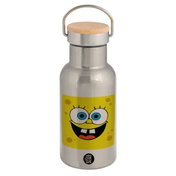 Μπομπ, Μεταλλικό παγούρι θερμός (Stainless steel) Ασημένιο με ξύλινο καπακι (bamboo), διπλού τοιχώματος, 350ml