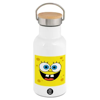 BOB, Metallic thermos (Stainless steel) White with wooden lid (bamboo), double-walled, 350ml