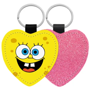 Μπομπ, Μπρελόκ PU δερμάτινο glitter καρδιά ΡΟΖ